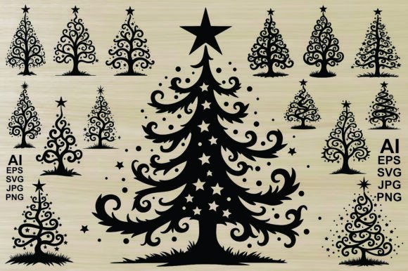 Christmas Tree, Black Silhouettes: Graphics & Illustrations