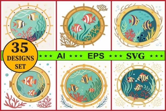 Underwater Scene Fish Vector Clipart Set Graphics and Illustrations